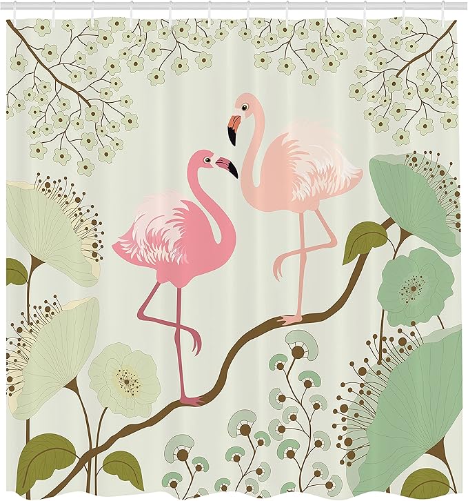 Ambesonne Peacock Shower Curtain, Blossoming Floral Background with Pair of Flamingos on Tree Branch, Cloth Fabric Bathroom Decor Set with Hooks, 69" W x 84" L, Green Salmon