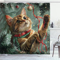 Ambesonne Christmas Shower Curtain, Vintage Vibe Whimsical Kitten Playing with Xmas Trees Lace Ornate, Cloth Fabric Bathroom Decor Set with Hooks, 69" W x 84" L, Hunter Green and Vermilion