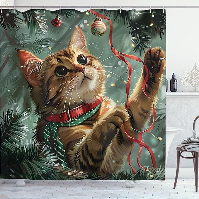 Ambesonne Christmas Shower Curtain, Vintage Vibe Whimsical Kitten Playing with Xmas Trees Lace Ornate, Cloth Fabric Bathroom Decor Set with Hooks, 69" W x 84" L, Hunter Green and Vermilion