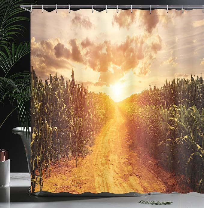 Ambesonne Country Shower Curtain, Horizon and Corn Field Last Sun Rays of The Day Earth and Sky Scenic Picture, Cloth Fabric Bathroom Decor Set with Hooks, 69" W x 70" L, Marigold Green