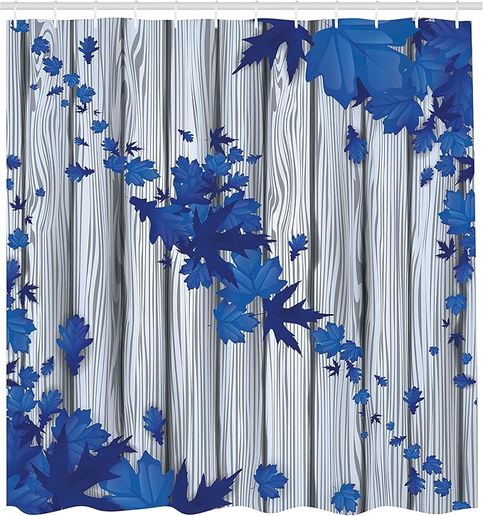 Ambesonne Autumn Shower Curtain, Fall Maple Leafs Tree Diagonal Leaves Foliage Rustic Wooden Planks Illustration, Cloth Fabric Bathroom Decor Set with Hooks, 69" W x 75" L, Cobalt Blue