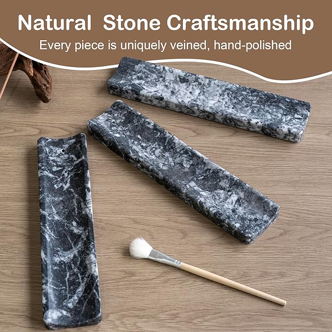 Marble Incense Holder Burner-Natural Stone Stick Incense Tray with Ash Catcher，20 Sticks & Brush - Elegant Decor for Meditation, Yoga, Home,Gift (Black)