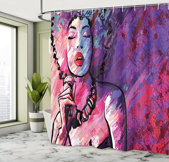 Ambesonne Grunge Shower Curtain, Jazz Singer Performing with a Microphone on Grunge Background Illustration Print, Cloth Fabric Bathroom Decor Set with Hooks, 69" W x 70" L, Purple Red