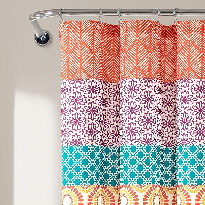 Lush Decor Bohemian Stripe Shower Curtain, 72" W x 72" L, Fuchsia & Orange - Bathroom Curtain - Striped Shower Curtain - Boho Decor - Fabric Shower Curtains