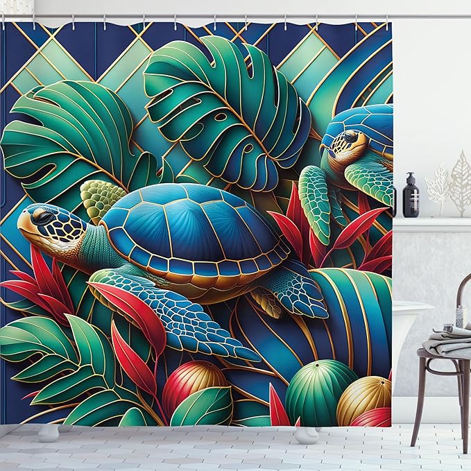 Ambesonne Turtle Shower Curtain, Colorful Exotic Deep Sea Animals and Monstera Leaves Mosaic Style Print, Cloth Fabric Bathroom Decor Set with Hooks, 69" W x 75" L, Teal Vermilion and Blue