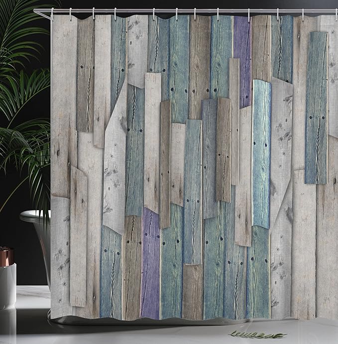 Ambesonne Rustic Shower Curtain, Grunge Wood Planks Barn Farm Log Cabin House Decor Themed, Bathroom Accessories Set with 12 Hooks Cloth Fabric for Master Bathroom, 69" W x 84" L, Umber Pale Teal Plum
