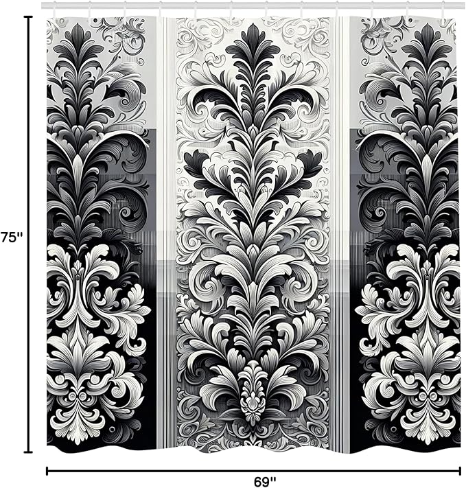Ambesonne Damask Shower Curtain, Tranquil Florid Pattern Monochrome Arcane Leafy Swirls Palatial Design Print, Cloth Fabric Bathroom Decor Set with Hooks, 69" W x 75" L, Charcoal Grey