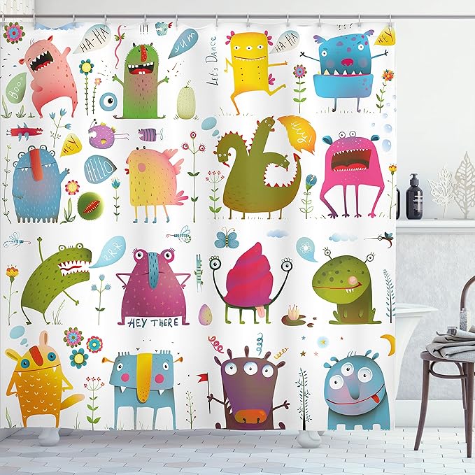 Ambesonne Funny Shower Curtain, Cartoon Monsters Design Let's Dance Boho Groovy Fun Creatures in Garden, Cloth Fabric Bathroom Decor Set with Hooks, 69" W x 70" L, Green Blue