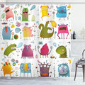 Ambesonne Funny Shower Curtain, Cartoon Monsters Design Let's Dance Boho Groovy Fun Creatures in Garden, Cloth Fabric Bathroom Decor Set with Hooks, 69" W x 70" L, Green Blue