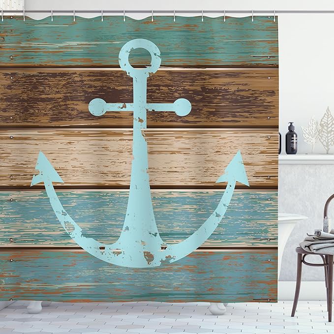 Ambesonne Nautical Anchor Rustic Wood Long Fabric Shower Curtain