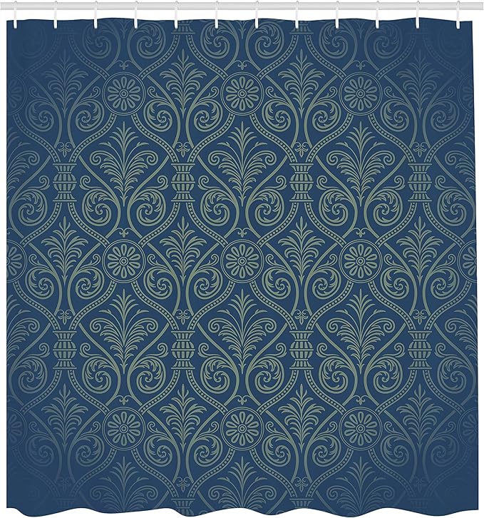 Ambesonne Damask Shower Curtain, Antique Baroque Pattern Mild Gothic Victorian Style Repeated Curly Motifs, Cloth Fabric Bathroom Decor Set with Hooks, 69" W x 70" L, Sea Blue