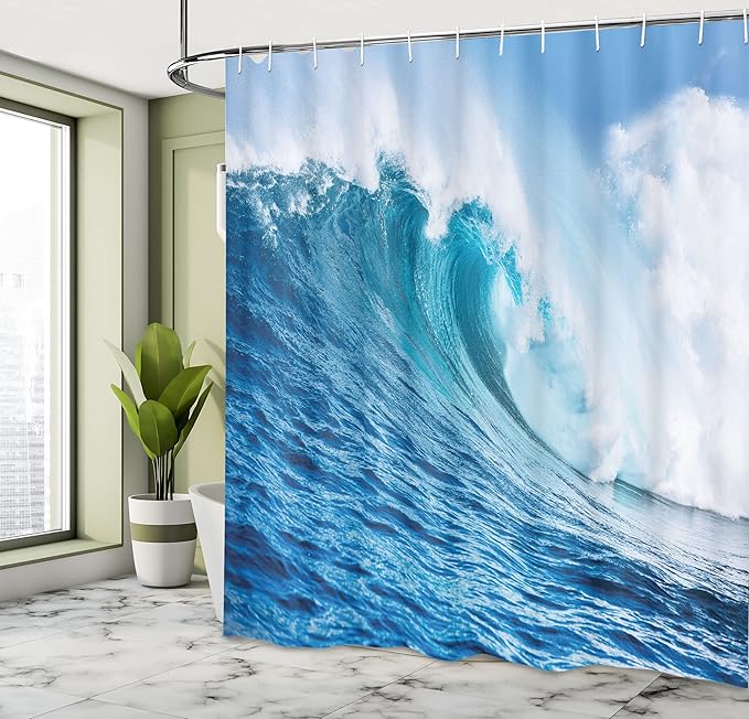 Ambesonne Ocean Shower Curtain, Large Powerful Pasific Sea Storm Huge Wave Crashes Hard Surfing Picture, Cloth Fabric Bathroom Decor Set with Hooks, 69" W x 75" L, Blue and White