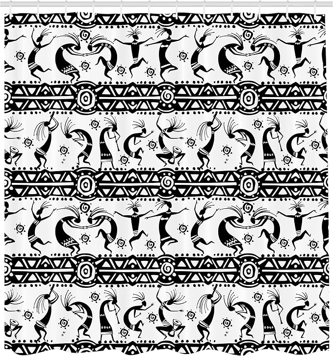 Ambesonne Ethnic Shower Curtain, Silhouette of Dancings Geometric Shapes in Horizontal Line Art Design Boho, Cloth Fabric Bathroom Decor Set with Hooks, 69" W x 70" L, White and Black