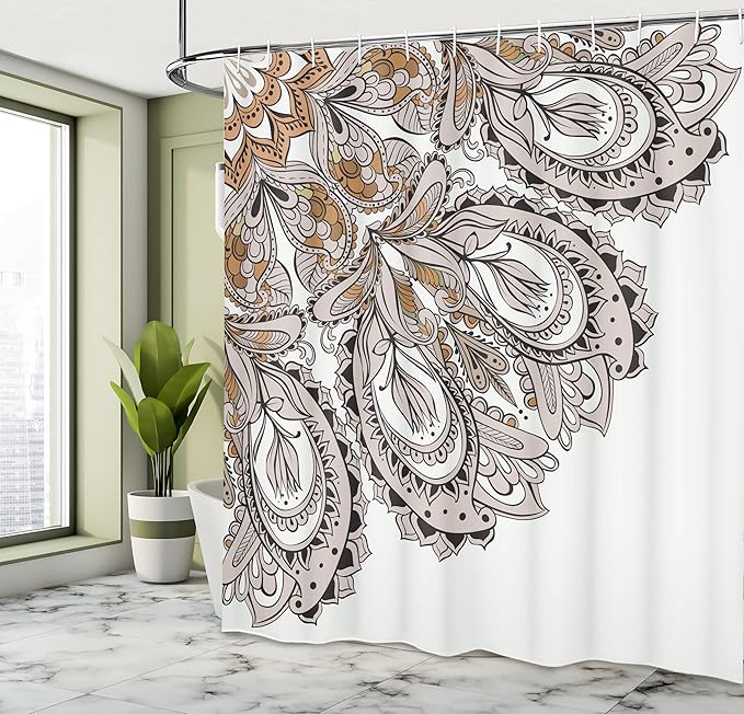 Ambesonne Mandala Shower Curtain, Edge of Mandala Pattern Detailed Paisley Mystic Traditional Design, Cloth Fabric Bathroom Decor Set with Hooks, 69" W x 70" L, Almond Ecru