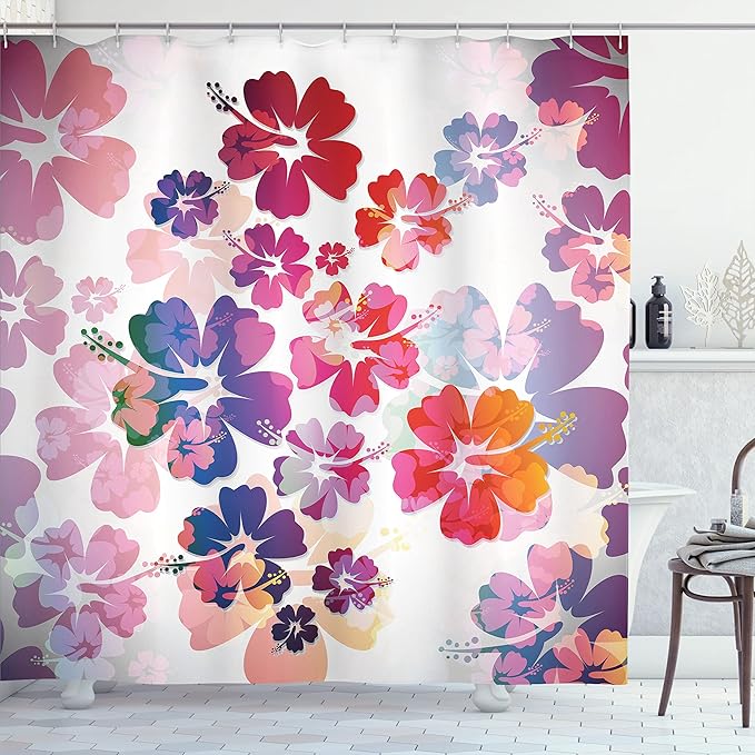 Ambesonne Hawaiian Shower Curtain, Exotic Floral Island Theme Tropical Hawaii Flowers Pattern Print, Cloth Fabric Bathroom Decor Set with Hooks, 69" W x 70" L, Pink Orange