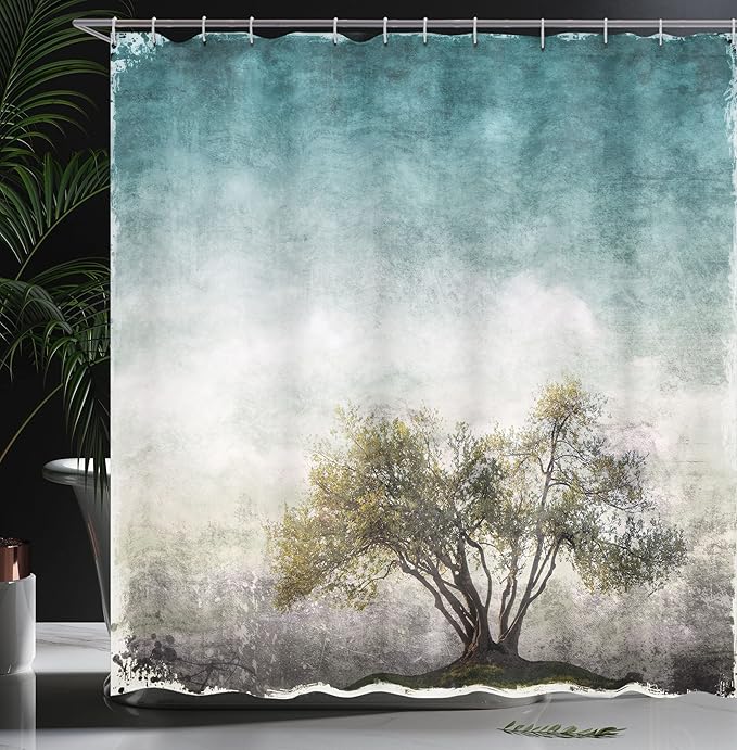 Ambesonne Tree of Life Shower Curtain, Grunge Landscape with Single Tree and Retro Background Rustic Print, Cloth Fabric Bathroom Decor Set with Hooks, 69" W x 84" L, Cream Green