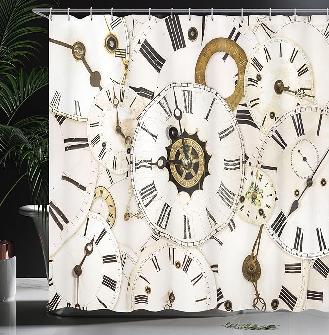 Ambesonne Antique Shower Curtain, Group of Vintage Classic Clock Faces Aged Analog Time Head Minute Hour Print, Cloth Fabric Bathroom Decor Set with Hooks, 69" W x 84" L, White and Black