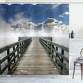 Ambesonne Seascape Shower Curtain, Seaside Banister Clouds Beige Foggy Morning and Ocean Seascape View Image, Cloth Fabric Bathroom Decor Set with Hooks, 69" W x 70" L, Gray White