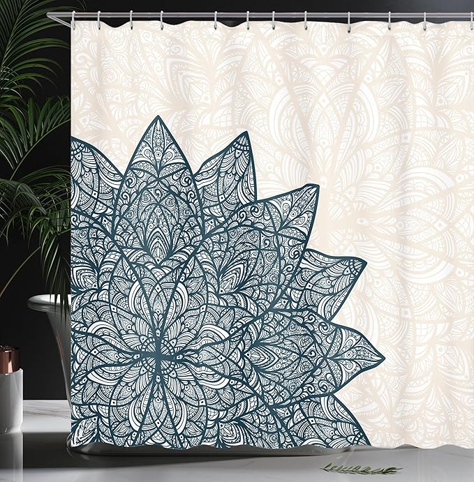 Ambesonne Ethnic Shower Curtain, Floral Mandala Middle Eastern Oriental Swirled Lines Art Print, Cloth Fabric Bathroom Decor Set with Hooks, 69" W x 75" L, Dark Sky