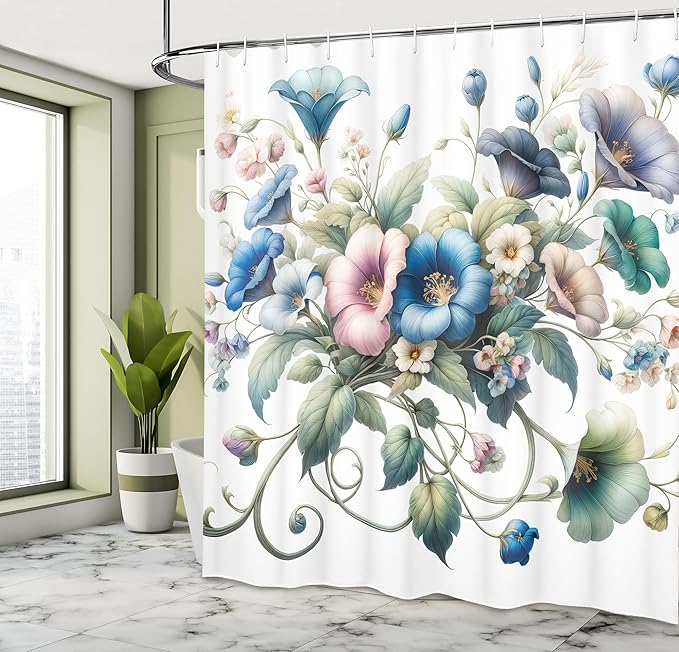Ambesonne Floral Shower Curtain, Trippy and Bold Colorful Bellflowers in a Spring Morning on Plain Back, Cloth Fabric Bathroom Decor Set with Hooks, 69" W x 75" L, Deep Sky Blue Multicolor
