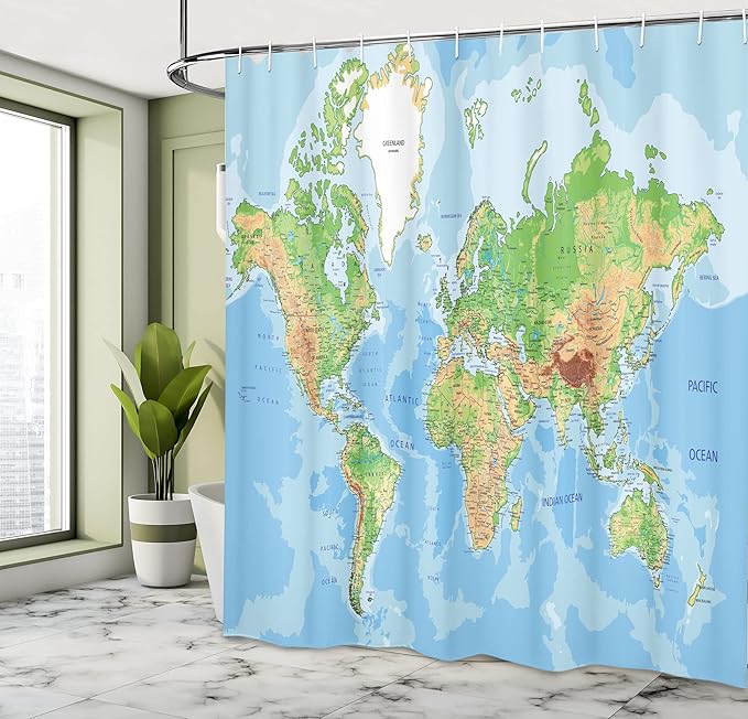 Ambesonne World Map Shower Curtain, Classic Map of The Earth Continents Countries Oceans Mountains Vacation Themed, Cloth Fabric Bathroom Decor Set with Hooks, 69" W x 70" L, Multicolor