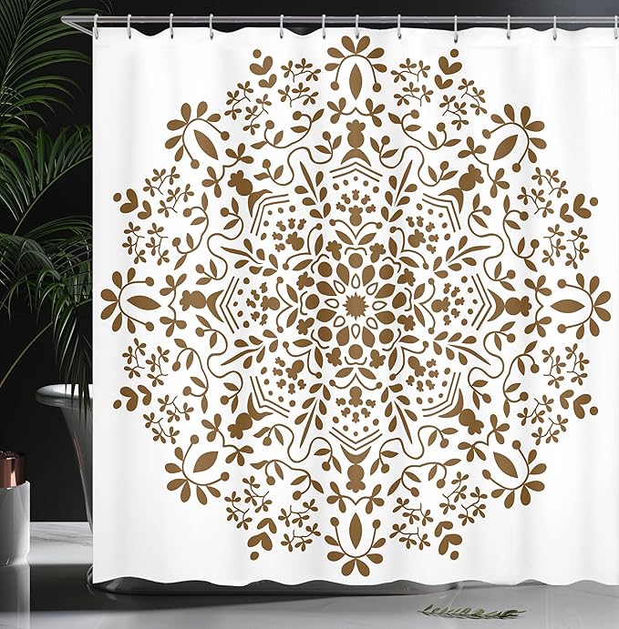 Ambesonne Mandala Shower Curtain, Abstract Art Style Vector Illustration of Mandala Flower on White Background, Cloth Fabric Bathroom Decor Set with Hooks, 69" W x 75" L, Brown and White