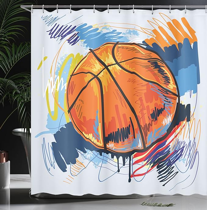 Ambesonne Sports Shower Curtain, Colorful Style Design of Basketball Abstract Background Sketch Enjoyment Concept Illustration, Cloth Fabric Bathroom Decor Set with Hooks, 69" W x 84" L, Blue Orange
