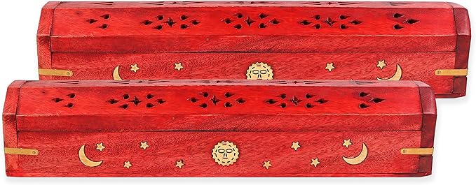 Incense Garden Pack of 2 Incense Stick Holder - Coffin Style - Wood Incense Stick Burner with Sun Moon Star Handmade with Brass Inlays (Red)
