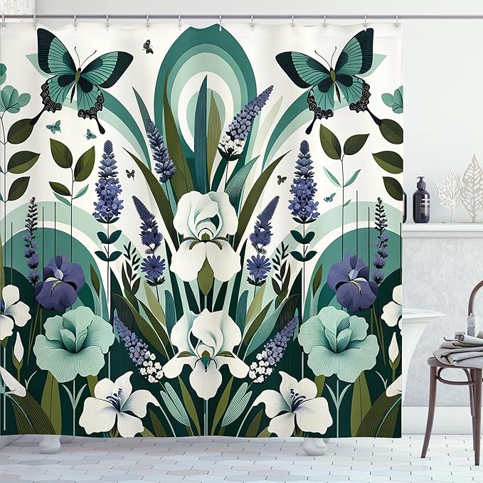 Ambesonne Teal Shower Curtain, Curving Leaves and Floral Mirage with Iris Lavender Eucalyptus Butterfly, Cloth Fabric Bathroom Decor Set with Hooks, 69" W x 84" L, Seafoam Jade Green Ivory