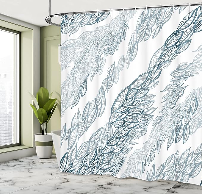Ambesonne Modern Art Shower Curtain, Striped Floral Arrangement Windy Leaves on Branches Nature Image, Cloth Fabric Bathroom Decor Set with Hooks, 69" W x 84" L, Blue White