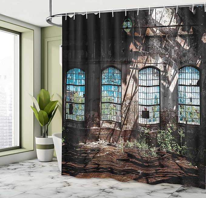 Ambesonne Industrial Shower Curtain, Interior of Tall Old Windows Ruins Hallway Station Shadow, Cloth Fabric Bathroom Decor Set with Hooks, 69" W x 70" L, Brown Blue Green
