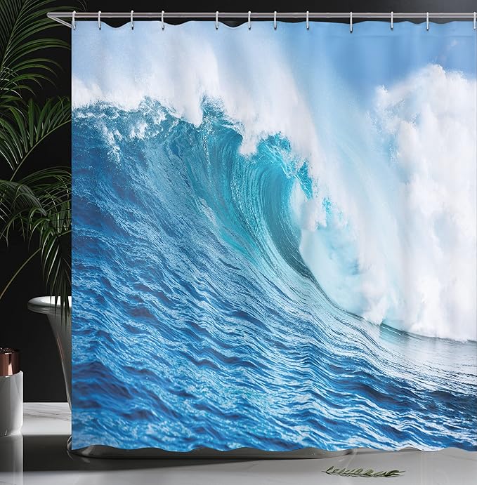 Ambesonne Ocean Shower Curtain, Large Powerful Pasific Sea Storm Huge Wave Crashes Hard Surfing Picture, Cloth Fabric Bathroom Decor Set with Hooks, 69" W x 75" L, Blue and White