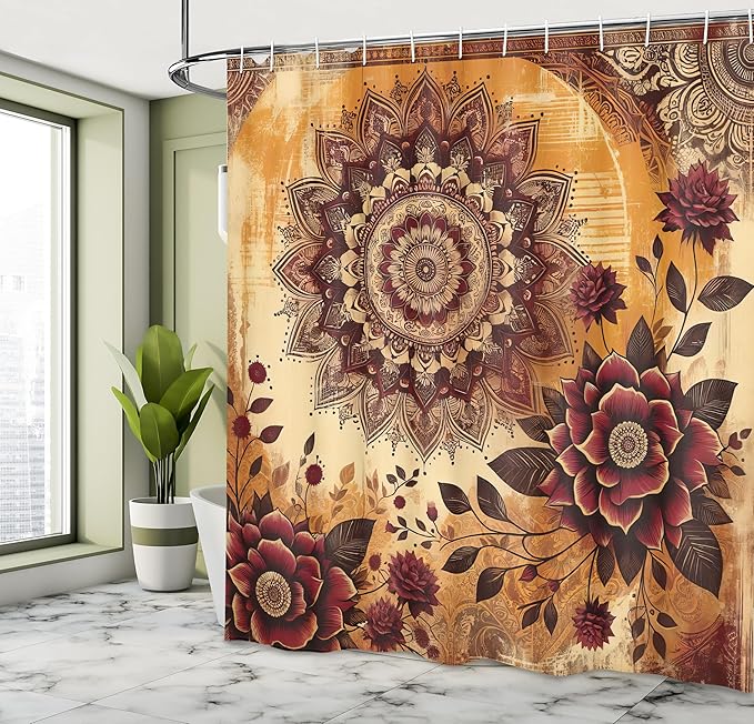 Ambesonne Boho Floral Shower Curtain, Vintage Exotic Bohemian Vibe Monochrome Mandala and Flowers Print, Cloth Fabric Bathroom Decor Set with Hooks, 69" W x 75" L, Pale Cinnamon Mustard
