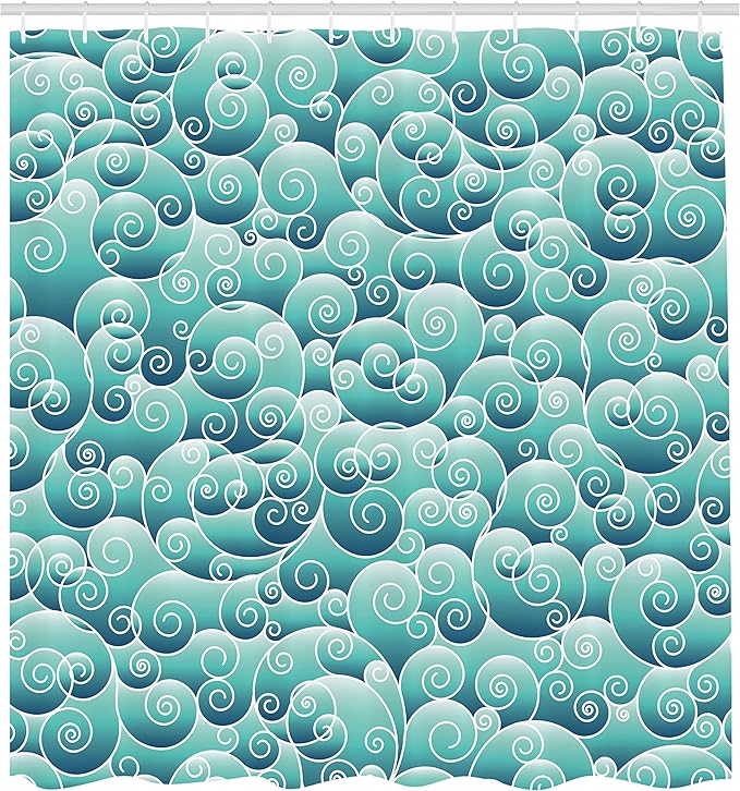 Ambesonne Teal Shower Curtain, Abstract Pattern of Swirling Spirals Waves in an Ornamental Style Inspired by The Wind Art, Cloth Fabric Bathroom Decor Set with Hooks, 69" W x 84" L, Turquoise Teal