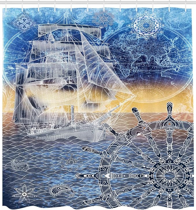Ambesonne Mandala Shower Curtain, Nautical Print with Mandala Patterns Explorer Ship Map of The World Steering Wheel Sails, Cloth Fabric Bathroom Decor Set with Hooks, 69" W x 70" L, Blue