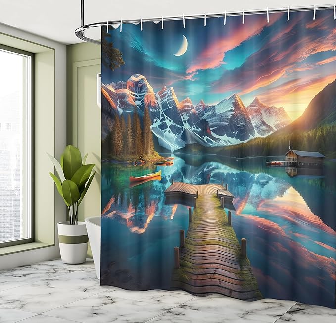 Ambesonne Lake Shower Curtain, Weathered Mossy Wooden Pier Dramatic Cloudy Sky Crescent Moon Night Scenery, Cloth Fabric Bathroom Decor Set with Hooks, 69" W x 84" L, Coral Dark Turquoise