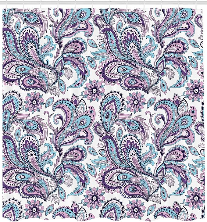 Ambesonne Paisley Shower Curtain, Blue and Purple Flowers Leaves Floral Pattern Bohemian Style Country Print, Cloth Fabric Bathroom Decor Set with Hooks, 69" W x 84" L, Purple White Blue