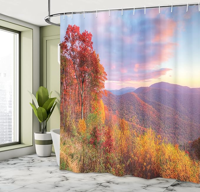 Ambesonne Mountain Shower Curtain, Sunrise Sky Colors Autumn Falls at South Western Village Scenery, Cloth Fabric Bathroom Decor Set with Hooks, 69" W x 84" L, Orange Green