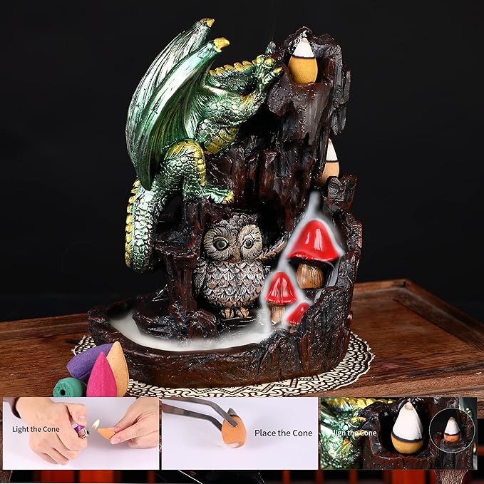 Dragon Backflow 2 Sided Mountain Waterfall Incense Burner,Fountain Smoke Incense Holder with Backflow Incense Cones, Tweezers, Mat，Resin Aromatherapy Meditation (Green)
