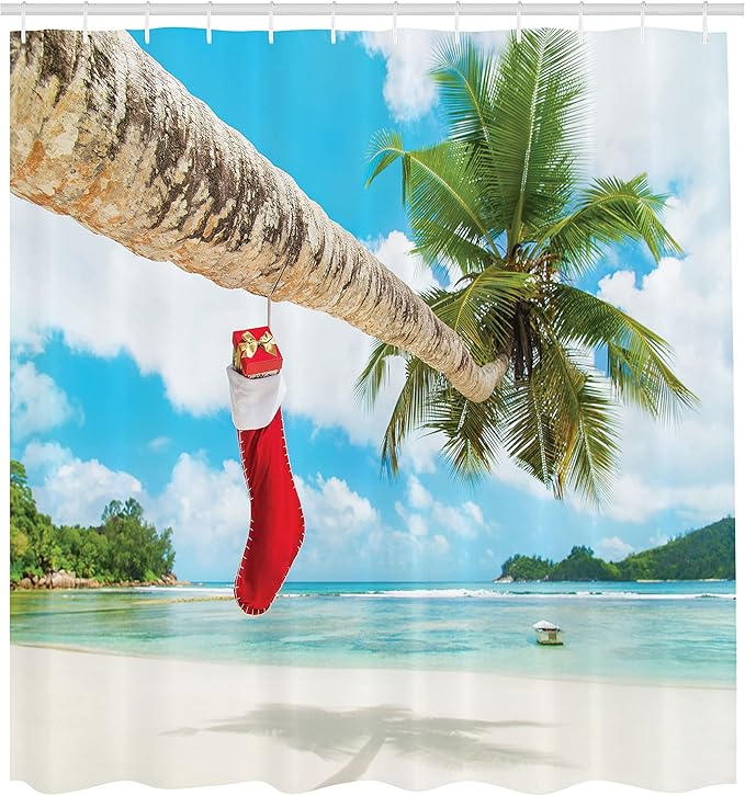 Ambesonne Christmas Shower Curtain, Cloth Fabric Bathroom Decor Set with Hooks, Tropical Sandy Beach, 69" W x 84" L, Aqua Red