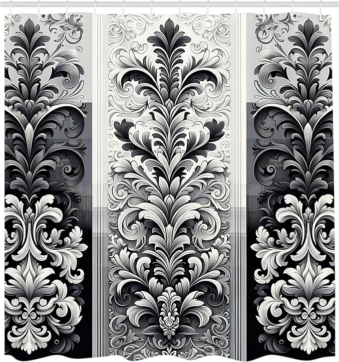 Ambesonne Damask Shower Curtain, Tranquil Florid Pattern Monochrome Arcane Leafy Swirls Palatial Design Print, Cloth Fabric Bathroom Decor Set with Hooks, 69" W x 75" L, Charcoal Grey