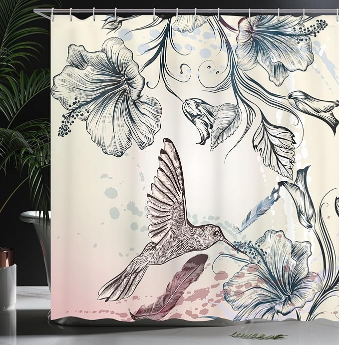 Ambesonne Hummingbird Shower Curtain, Floral Art in Vintage Style Bird Hibiscus Flowers and Feathers, Cloth Fabric Bathroom Decor Set with Hooks, 69" W x 70" L, Teal Brown