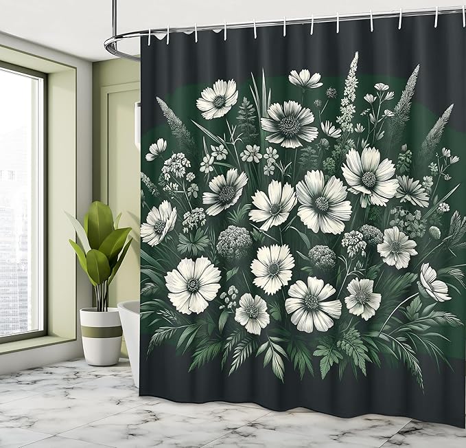Ambesonne Dark Green Shower Curtain, Delicate Arrangement of Daisies and Pansies on Dark Background Print, Cloth Fabric Bathroom Decor Set with Hooks, 69" W x 70" L, Emerald Off White Grey