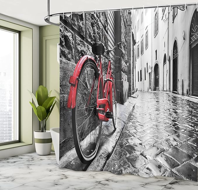 Ambesonne Bicycle Shower Curtain, Classic Bike on Cobblestone Street in Italian Town Leisure Photo, Cloth Fabric Bathroom Decor Set with Hooks, 69" W x 75" L, White Black