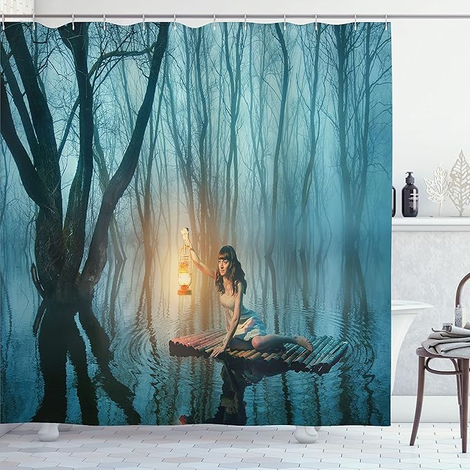 Ambesonne Gothic Shower Curtain, Woman Floating on The Lake with Tree Trunks Boat Rustic Dress in Misty Forest, Cloth Fabric Bathroom Decor Set with Hooks, 69" W x 84" L, Turquoise Peach