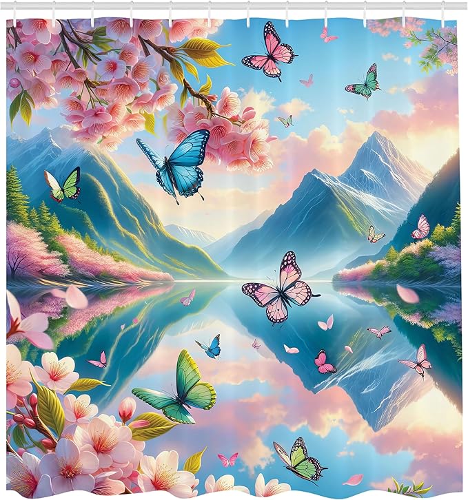 Ambesonne Lake Shower Curtain, Flying Spring Butterflies and Blooming Cherry Blossoms Mountain Reflections, Cloth Fabric Bathroom Decor Set with Hooks, 69" W x 75" L, Pink Sky Blue Green