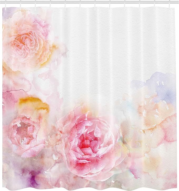 Ambesonne Shabby Flora Shower Curtain, Nature Garden Romantic Victorian Flowers Roses Leaves Image, Cloth Fabric Bathroom Decor Set with Hooks, 69" W x 75" L, Pale Pink Hot Pink