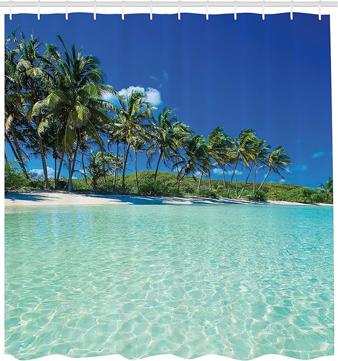 Ambesonne Ocean Shower Curtain, Sunny Day in a Tropical Island with Palm Trees and Ocean Heaven Calm Lands Image, Cloth Fabric Bathroom Decor Set with Hooks, 69" W x 70" L, Green Turquoise
