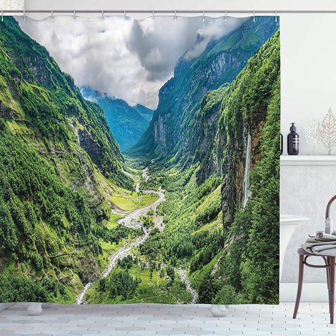 Ambesonne Landscape Shower Curtain, Valley Mountain Tree Mist Waterfall Canyon Alpine Landscape Nature Theme, Cloth Fabric Bathroom Decor Set with Hooks, 69" W x 84" L, Green White
