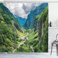 Ambesonne Landscape Shower Curtain, Valley Mountain Tree Mist Waterfall Canyon Alpine Landscape Nature Theme, Cloth Fabric Bathroom Decor Set with Hooks, 69" W x 75" L, Green White
